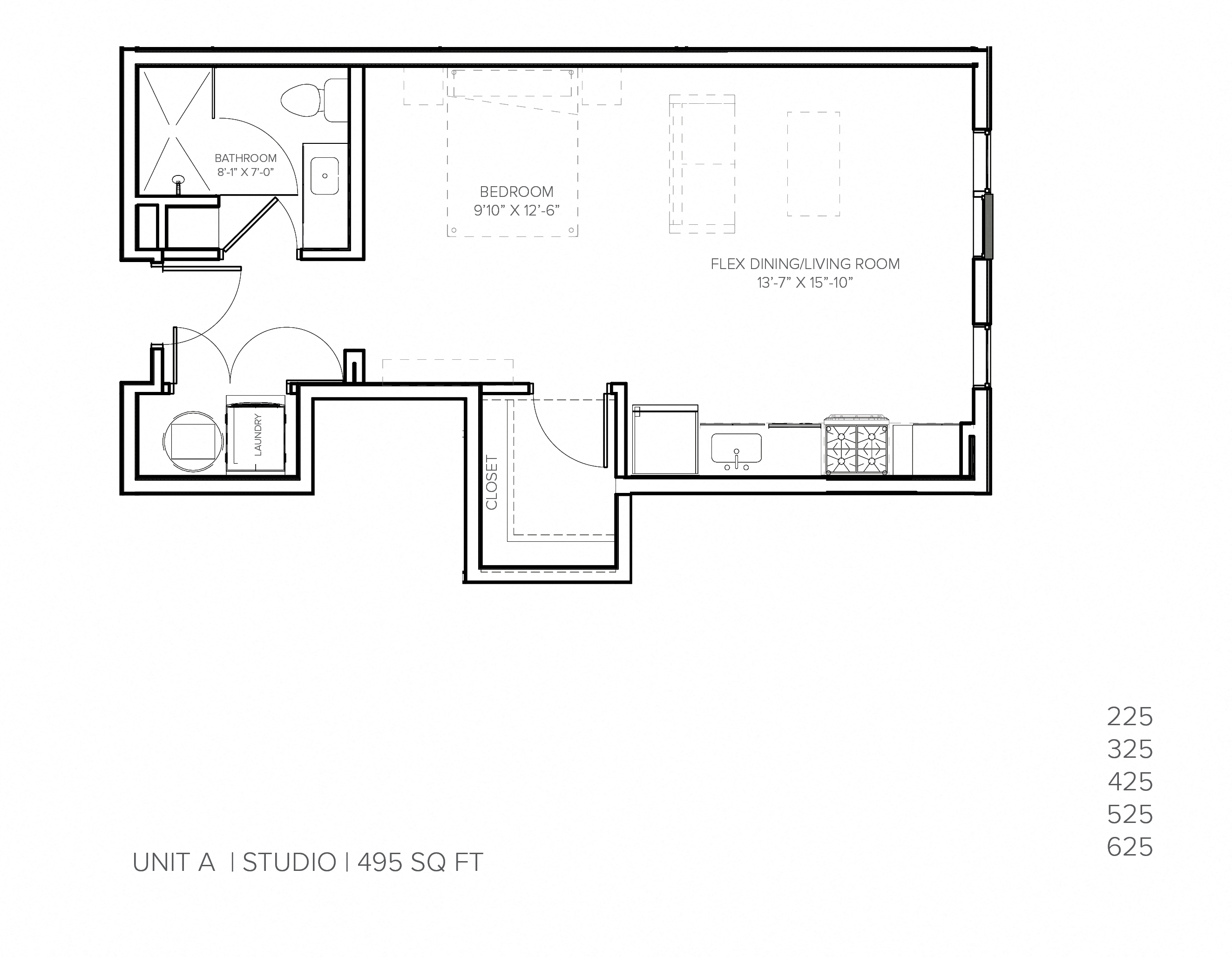 Floor plan for studio, 1 bath, 494 sqft